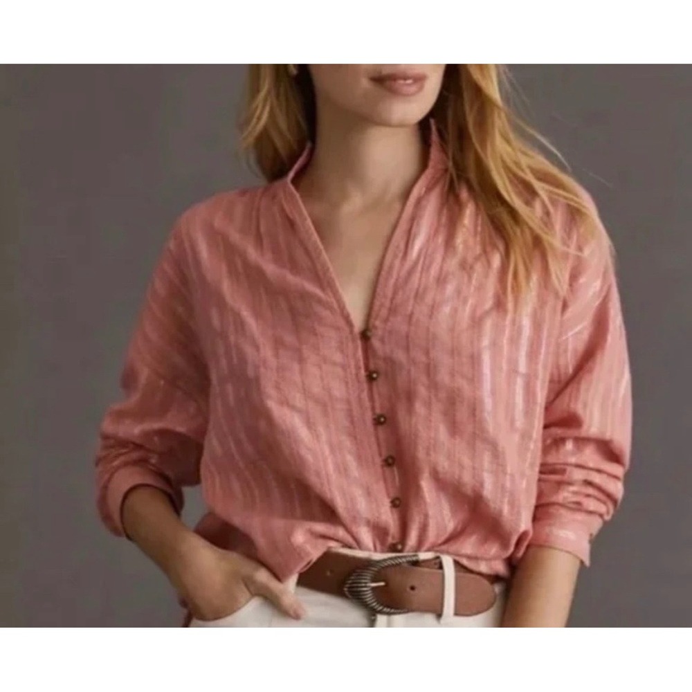 Pilcro Anthropologie Womens The Tavi Button Down Blouse Large Coral Metallic